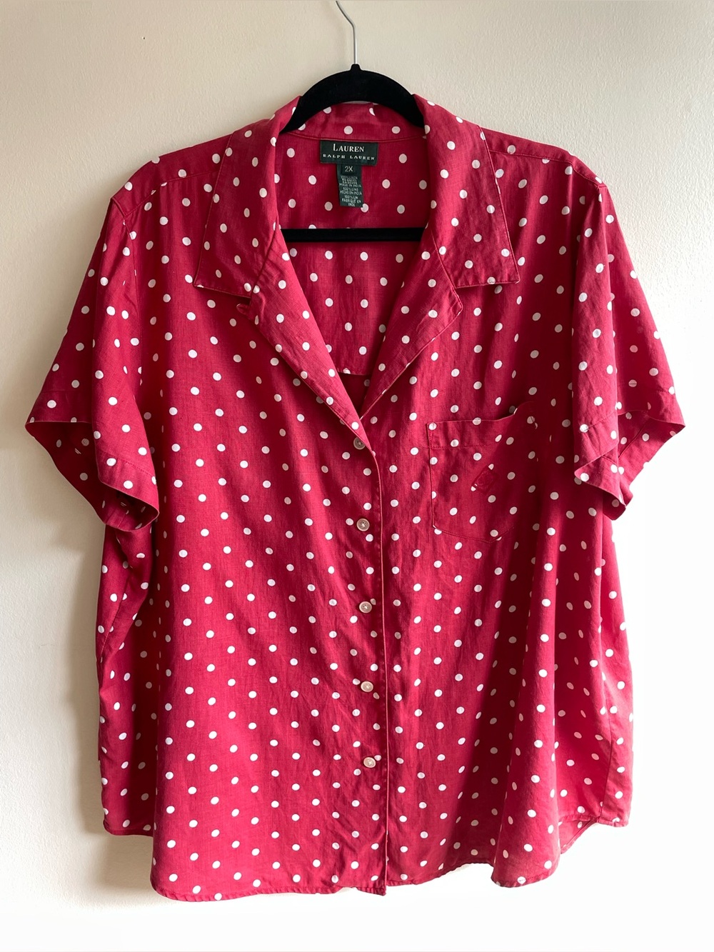 Lauren Ralph Lauren 2X 100% Linen Red White Polka Dot Shirt